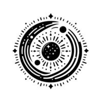 Black and White Cosmic Symbol Starry Sunburst Center with Orbiting Planets, Surrounded by Celestial Elements, Geometric vector
