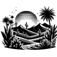 A minimalist black and white desert landscape featuring cacti, palm trees, mountains, a setting sun, and vegetation with a serene atmosphere. vector