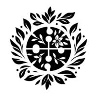 Black and white floral and leaf emblem with a crosslike at the center, surrounded by stylized foliage. vector