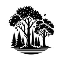 Stylized black and white forest silhouette featuring various trees, including conifers, deciduous trees, leaves, and a horizon line. vector