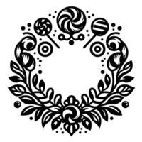 Black and white ornate circular with lollipops and floral elements arranged around an empty center space. vector