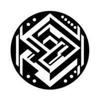 Intricate Black and White Geometric Circle Featuring Angular Shapes, Lines, Dots, and a Modern, Minimalist Style. vector