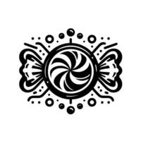 Black and white illustration of a wrapped candy with a swirling design, surrounded by dots and circular accents, showcasing a playful aesthetic. vector