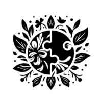 Stylized Black and White Floral Puzzle Design Two Interlocked Pieces Within a Decorative LeafFilled Circle, Symbolizing Unity. vector