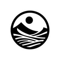 Black and White Circular Minimalist Logo Mountain Landscape with Sun over Field, Clean Design, Monochromatic Theme vector