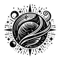 Abstract Black and White Cosmic Illustration with a Central Orb, Spirals, Stars, and Bursting Energy in a Decorative Circular Design. vector