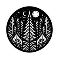 Black and White Circle Illustration of a Forest at Night, Featuring Trees, Crescent Moon, Stars, and a Full Moon vector