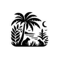 Silhouette illustration of a tropical scene featuring a stylized palm tree, two animals, a crescent moon, birds, and water in a minimalist black and white design. vector