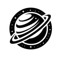 Minimalist Black and White Planet with Rings, Stars, and Circle on White Backdrop, Shadow Below. vector