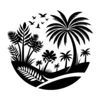 Black and white tropical landscape silhouette, featuring palm trees, various foliage, birds in flight, all contained within a circular frame. vector