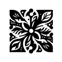 Symmetrical square floral mandala with leaves, dots, and swirls in a contrasting black and white palette, evoking elegance. vector