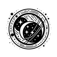 Celestial Mandala Moon and Stars within a Decorative Circle, minimalist black and white design. vector