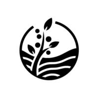 Black and White Minimalist of a Fruit Tree with Leaves and Fruit Enclosed in a Circle above a Field vector