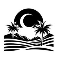 A stylized black and white illustration featuring two palm trees, undulating terrain, and a crescent moon set against a gradiated sun, evoking a serene tropical night. vector