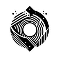 Abstract black and white geometric artwork featuring concentric circles and linear forms within a stylized, diamondlike outer shape on a clean white background. vector