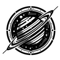 Black and White Illustration Stylized Saturn with Rings Inside a Decorative Circular Frame of Stars and Celestial Elements. vector