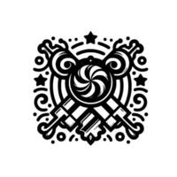 Black and white stylized featuring a symmetrical of lollipops, stars, and decorative swirls with a centered spiral. vector