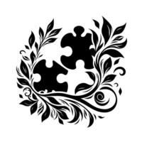 Black and White Ornamental Design Two Puzzle Pieces Intertwined with Floral and Foliage Elements on a White Background. vector