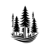Monochromatic, illustration of stylized evergreen trees in a forest, against a white background, evoking a sense of wilderness. vector
