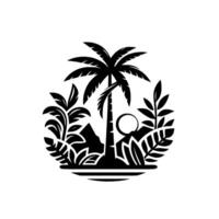 A minimalistic black and white island scene featuring a palm tree, surrounding foliage, mountains, and a sun silhouette in a circular landscape composition. vector