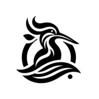 Black and White Minimalist of a Kingfisher with Flowing Lines, Leaf and Waves, in a Circular Composition. vector