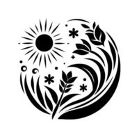 Black and white minimalist circular featuring sun, flowers, and floral elements, representing nature. vector