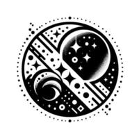A geometric celestial illustration depicting a stylized cosmos in a circle, featuring stars, moons, and linear elements in black and white. vector