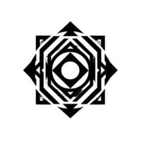 Symmetrical abstract black and white geometric featuring layered shapes, squares, circles, and pointed starburst elements with a minimalist aesthetic. vector