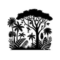 Silhouette Jungle Scene Playful Monkey Swinging Amidst Lush Tropical Foliage and Trees. vector