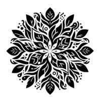 Intricate Black and White Circular Mandala with Detailed Leafy and Geometric Patterns, Isolated on White. vector