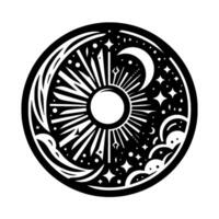 Black and White Celestial Mandala Sun, Moon, and Stars in Circular with Radiating Lines and Geometric Elements. vector