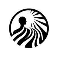 Minimalist Silhouette Human figure with stylized flowing forms and radiant light, enclosed in a circular frame against a white background. vector