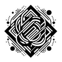 Symmetrical, abstract art composition with layered black geometric shapes, lines, circles, and dots on a white backdrop, creating a modern, pattern. vector