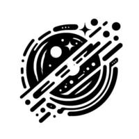 Abstract Black and White Space with Spherical Planet, Stars, and Dynamic Linear Elements on a White Background. vector