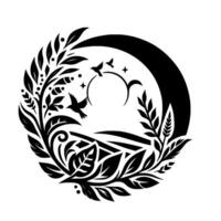 Circular Black and White Nature Illustration Birds Flying Over a Landscape Within a Crescent Moon and Foliage Frame vector