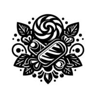 Black and white illustrative featuring a lollipop and candy, surrounded by leaves and decorative elements in a symmetrical, circular composition. vector