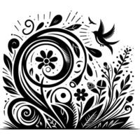 Black and White Floral Nature Illustration with a Bird in Flight, Swirls, and Botanical Elements on a White Background. vector