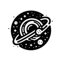 Stylized Black and White Cosmos Illustration A Ringed Planet Surrounded by Stars and Planets in a Minimalist Design. vector
