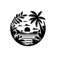 Black and white circular desert scene with a camel rider, palm tree, sunset, water, and foliage. vector