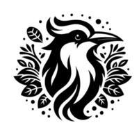 Black and White stylized bird with leaf and dot border, a harmonious, elegant emblem or design. vector