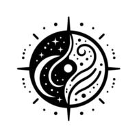 YinYang Cosmic Symbol Black and White Circular Illustration with Celestial Elements of Stars, Moon, and Swirls, Embellished with Dots and Radial Lines. vector
