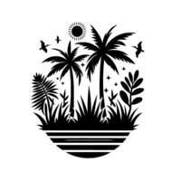 Stylized black and white illustration of a tropical island scene with palm trees, birds, sun, and diverse foliage within a circular frame. vector