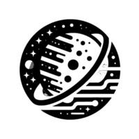 A minimalist black and white circular emblem depicting a planet with rings amidst a starfilled cosmos. vector
