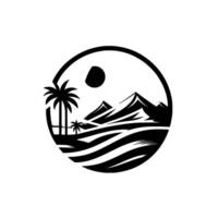 Silhouette of Tropical Landscape with Palm Trees, Mountains, and Sun Enclosed within a Circle, Monochrome Art. vector