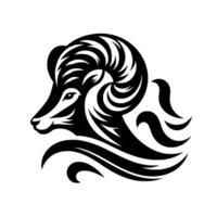 Bold Black and White Illustration of a Ram Head with Ornate, Flowing Horns and Stylized Detailing, Isolated on White. vector