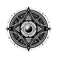 Intricate Black and White Geometric Symbol with Central Ornate Eye, Surrounded by Stars, Triangles, and Circular Pattern vector