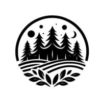 Minimalist Black and White Circular Emblem Forest Scene with Pine Trees, Hills, Celestial Bodies, and Foliage. vector