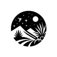 Serene Desert Night Scene Black and White Circular of Mountains, Moon, Stars, and Desert Plants, Evoking Tranquility. vector