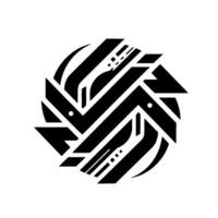 Abstract black and white circular illustration featuring repeating stylized shapes suggestive of cutlery and geometric elements in an artistic composition. vector