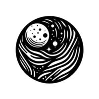 A circular, black and white stylized illustration depicting a celestial scene inside a sphere, featuring a moon with craters, stars, and fluid, wavelike patterns. vector